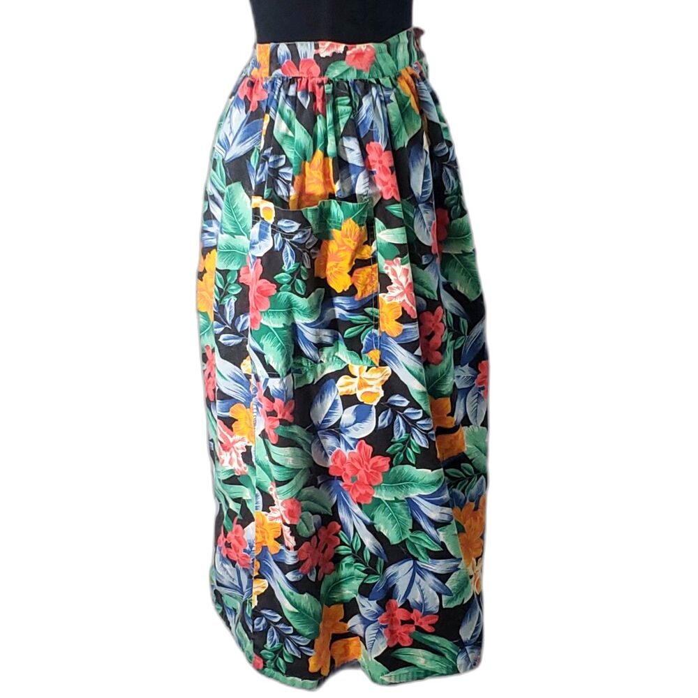 Black Red Yellow Tropical Elastic Waist Button-up Pockets Maxi Skirt Size 3X